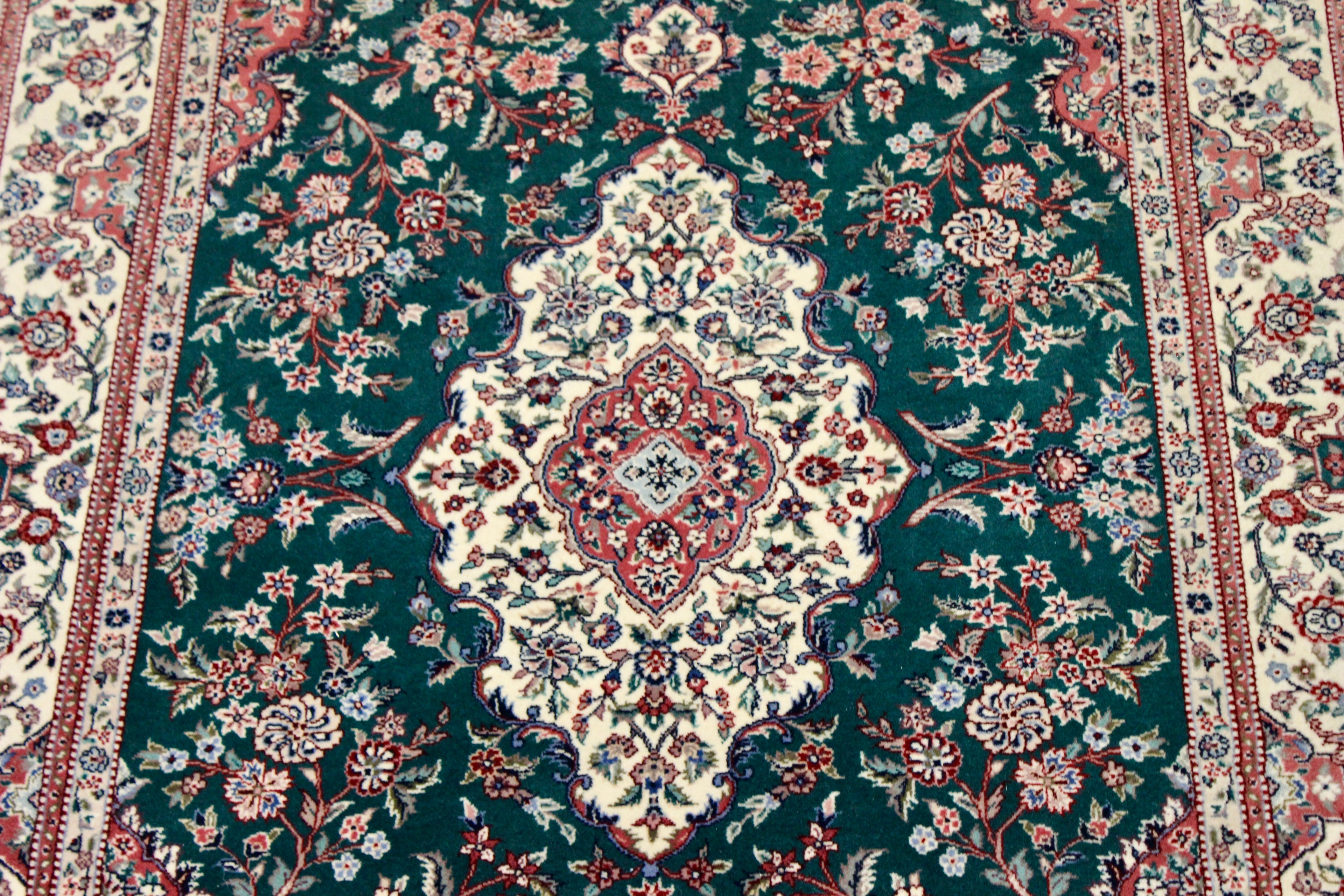 Handwoven Green Silk Blend Tabriz Medallion Rug