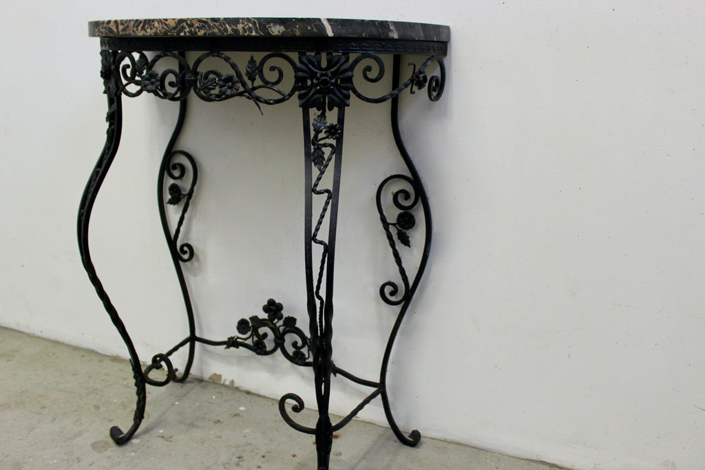 Italian Marble Top Wrought Iron Demilune Table
