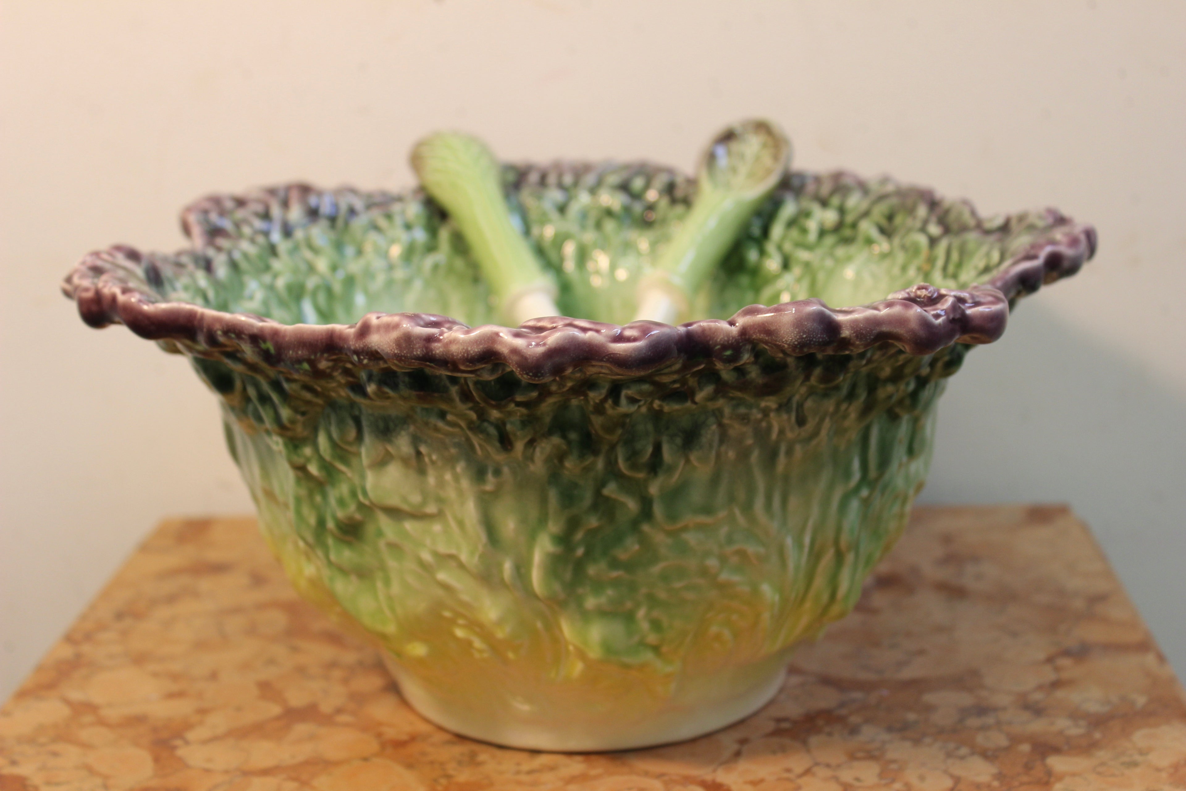 Vintage Portuguese Cabbageware Bowl with Serving Spoon and Fork