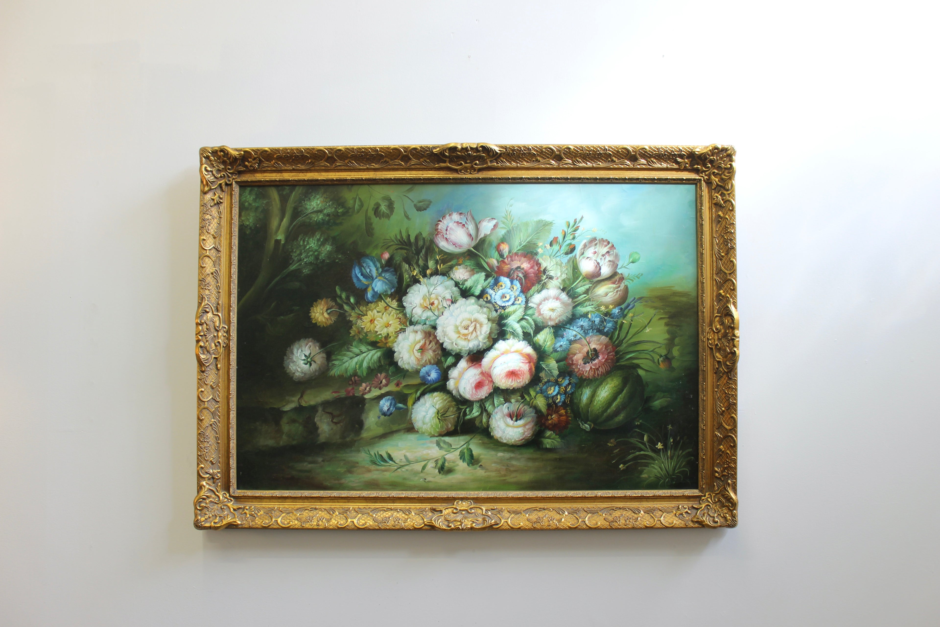 Large Vintage Floral Oil on Canvas