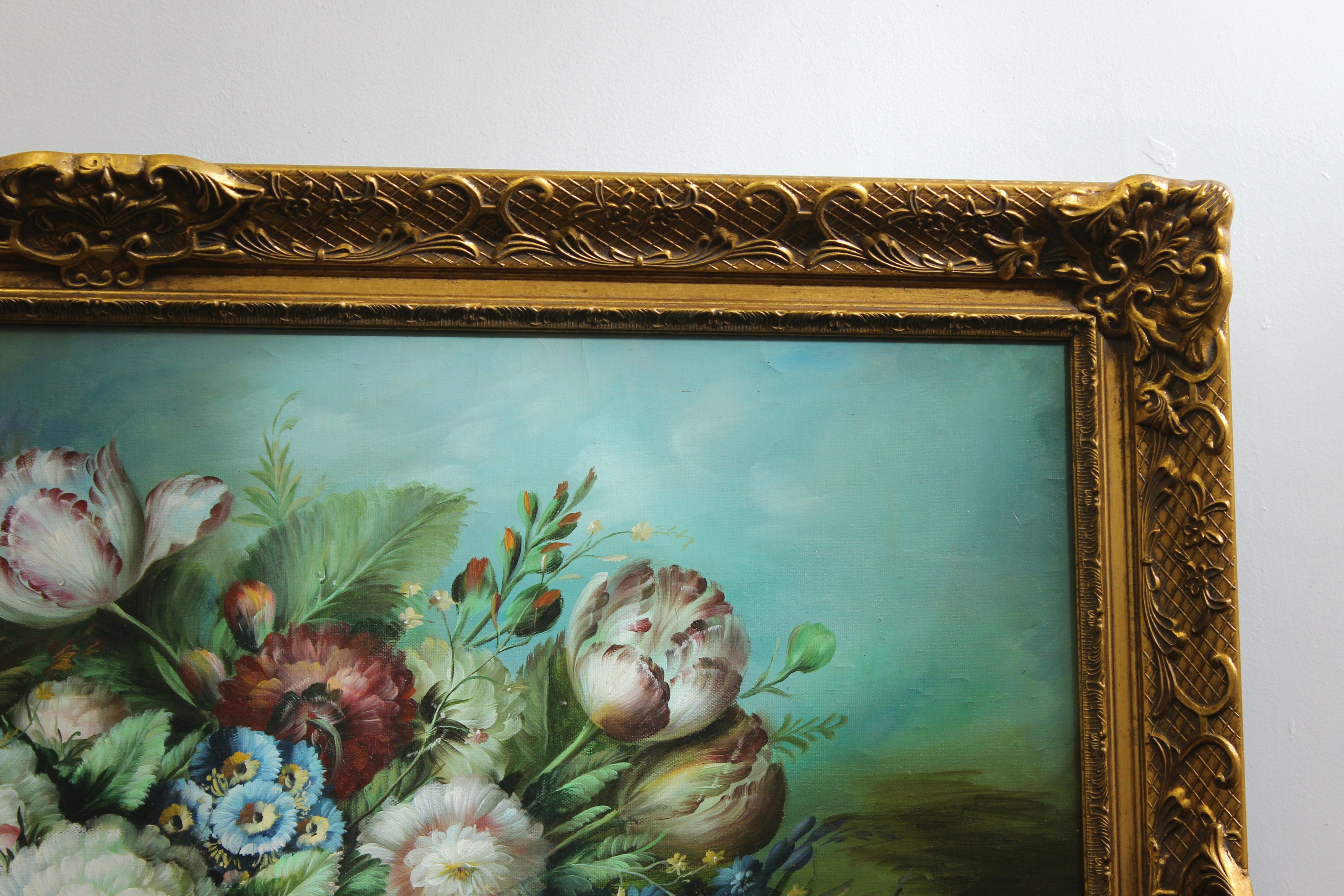 Large Vintage Floral Oil on Canvas