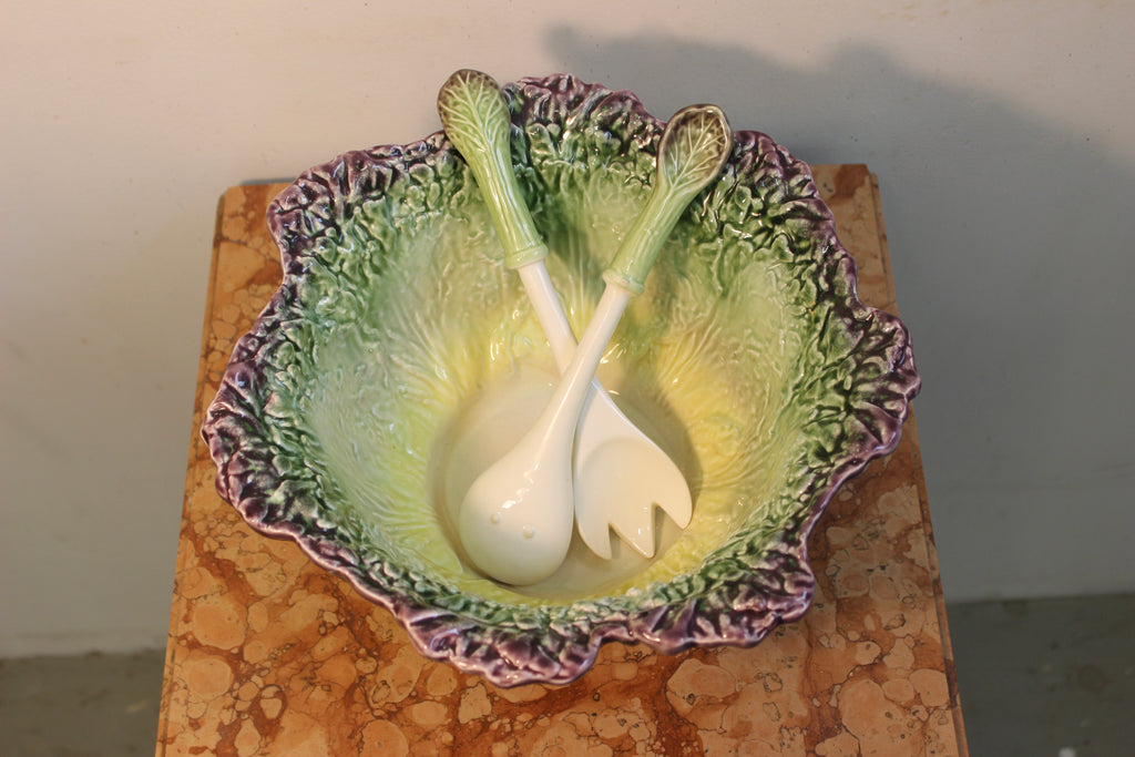 Vintage Portuguese Cabbageware Bowl with Serving Spoon and Fork