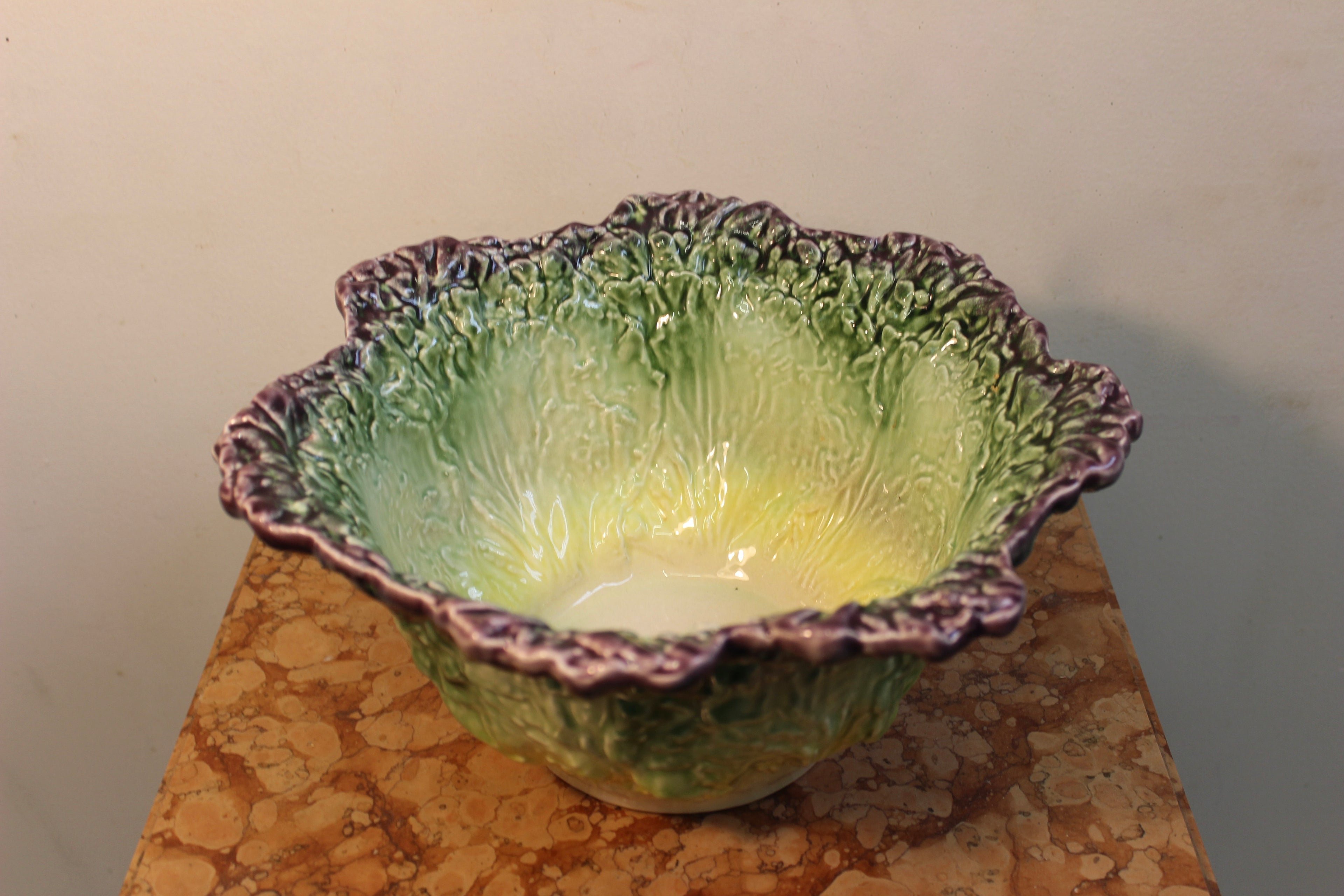 Vintage Portuguese Cabbageware Bowl with Serving Spoon and Fork