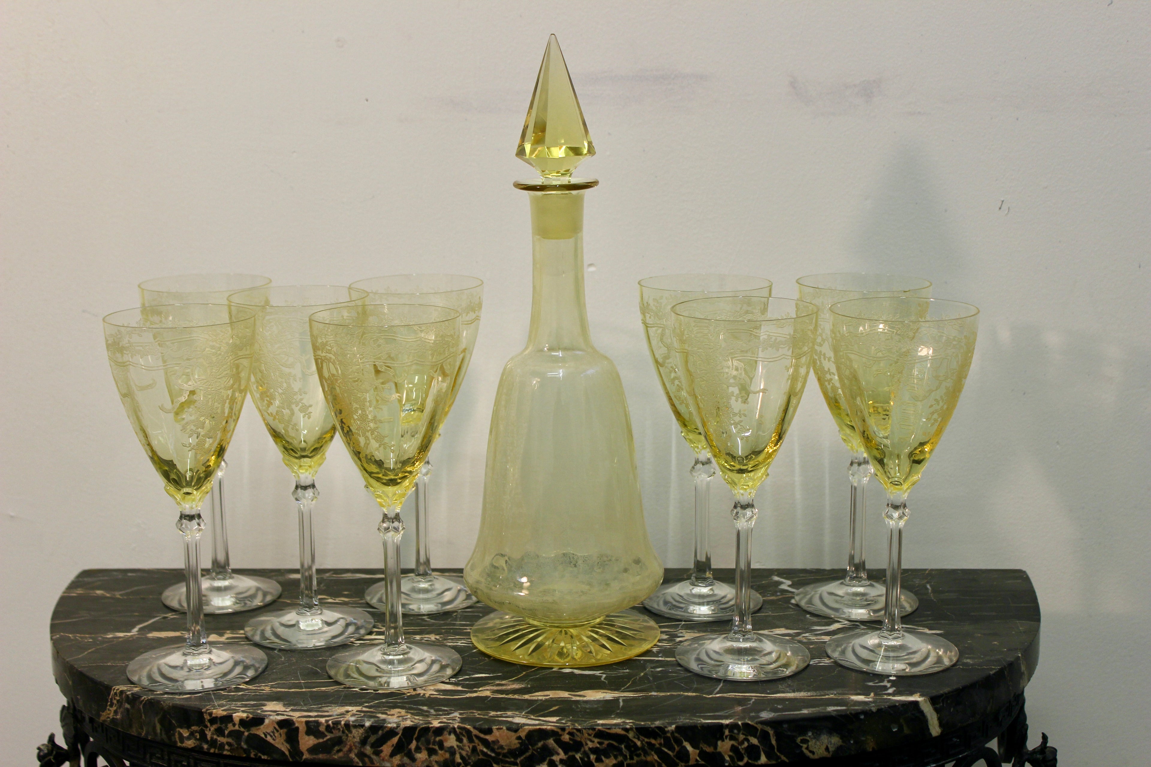 Vintage Fostoria June Glass Decanter and Goblet Set