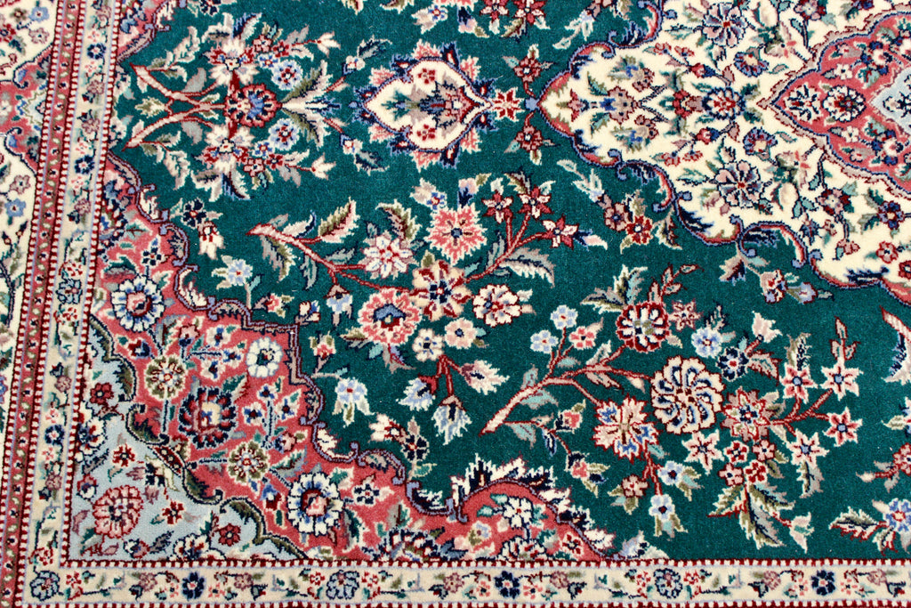 Handwoven Green Silk Blend Tabriz Medallion Rug