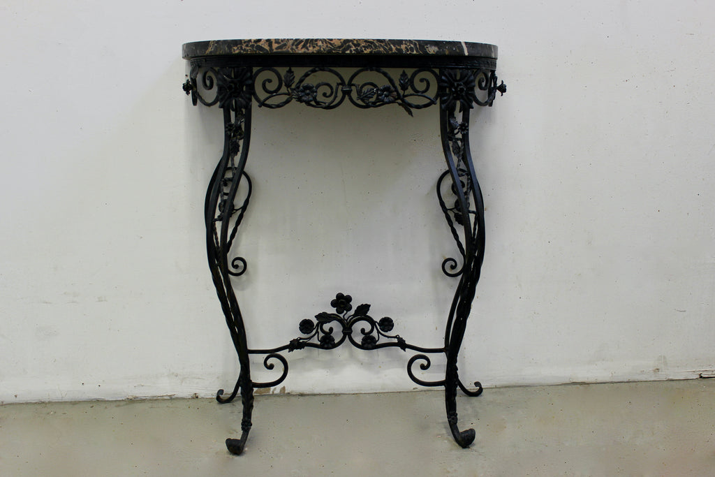 Italian Marble Top Wrought Iron Demilune Table