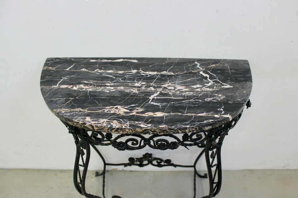 Italian Marble Top Wrought Iron Demilune Table