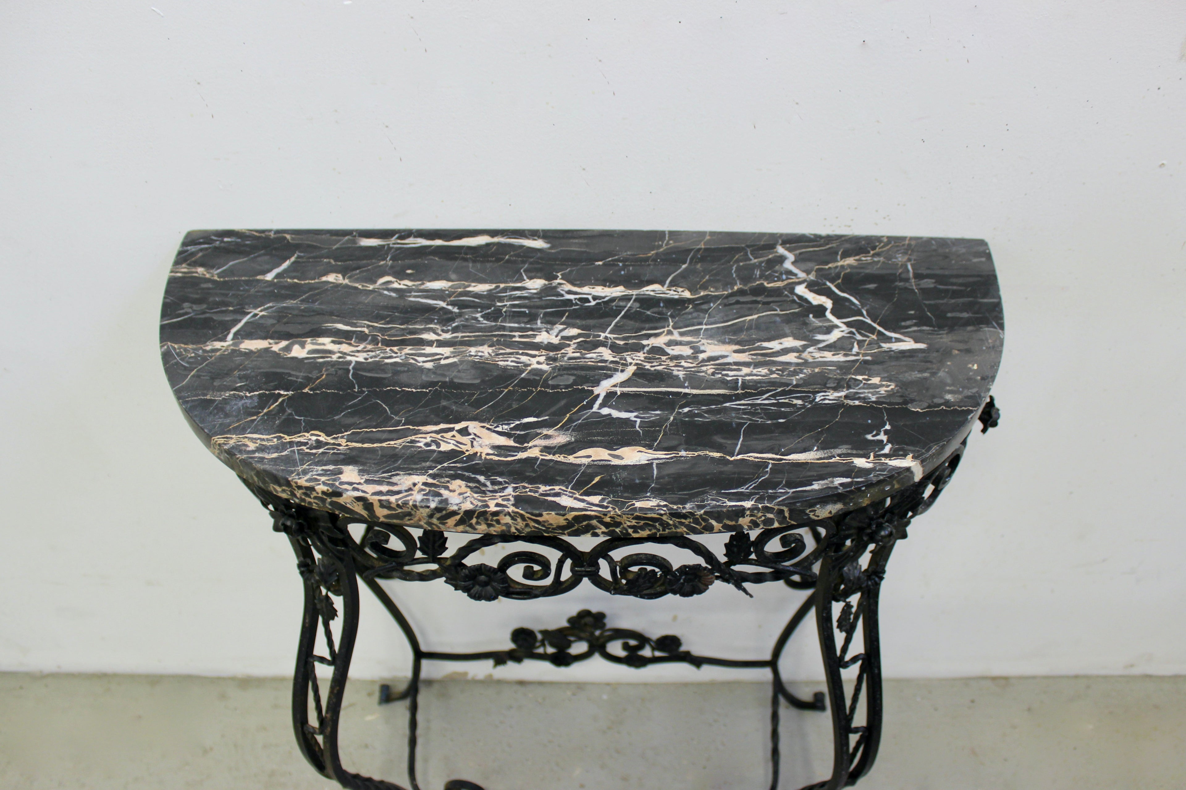 Italian Marble Top Wrought Iron Demilune Table