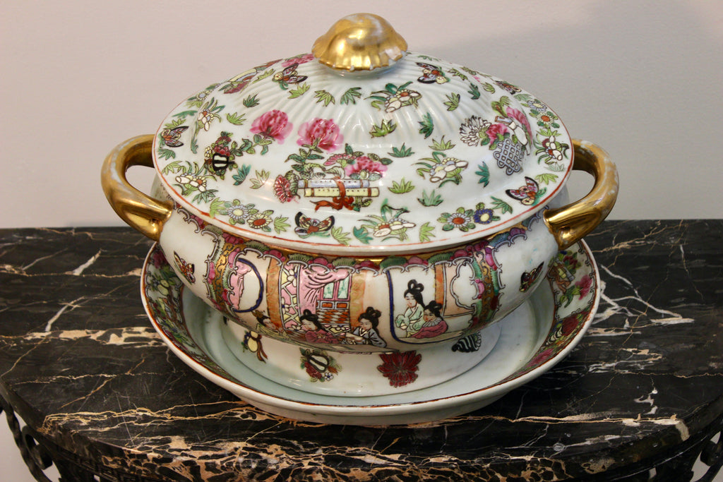 Antique Chinese Export Famille Rose Covered Tureen with Stand
