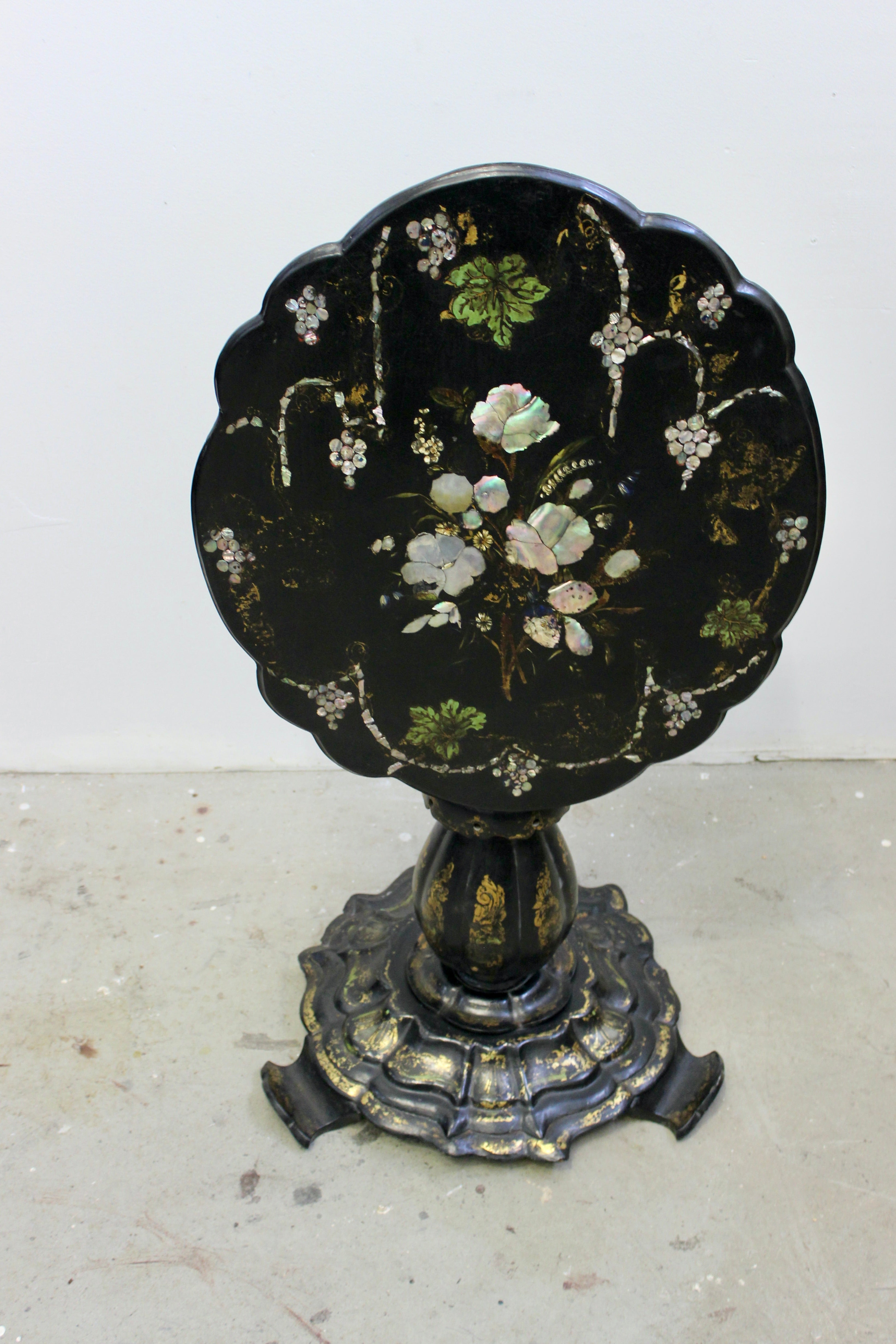 Victorian Paper-Mache Mother-of-Pearl Inlaid Tilt-Top Table
