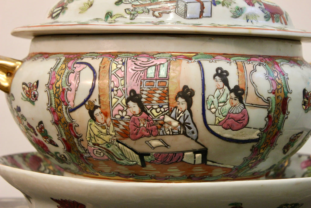 Antique Chinese Export Famille Rose Covered Tureen with Stand