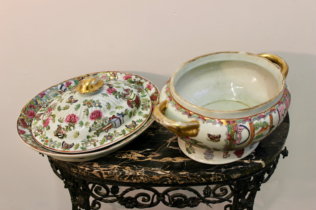 Antique Chinese Export Famille Rose Covered Tureen with Stand