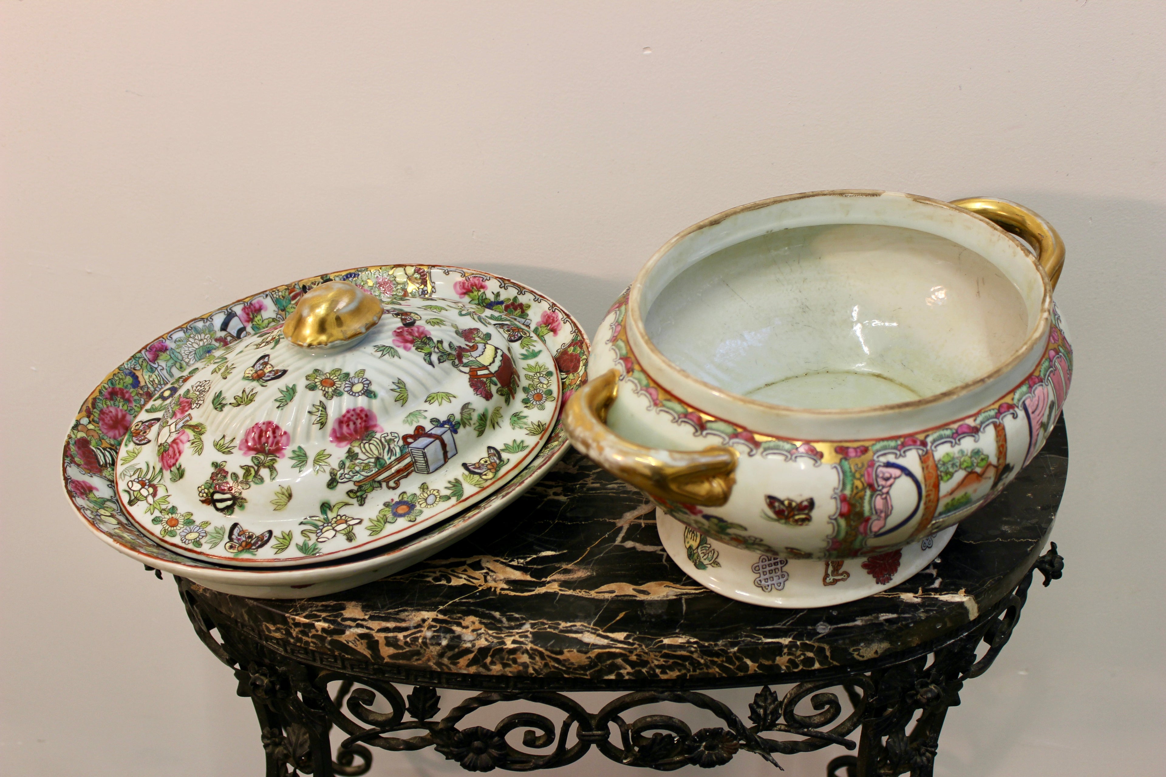 Antique Chinese Export Famille Rose Covered Tureen with Stand