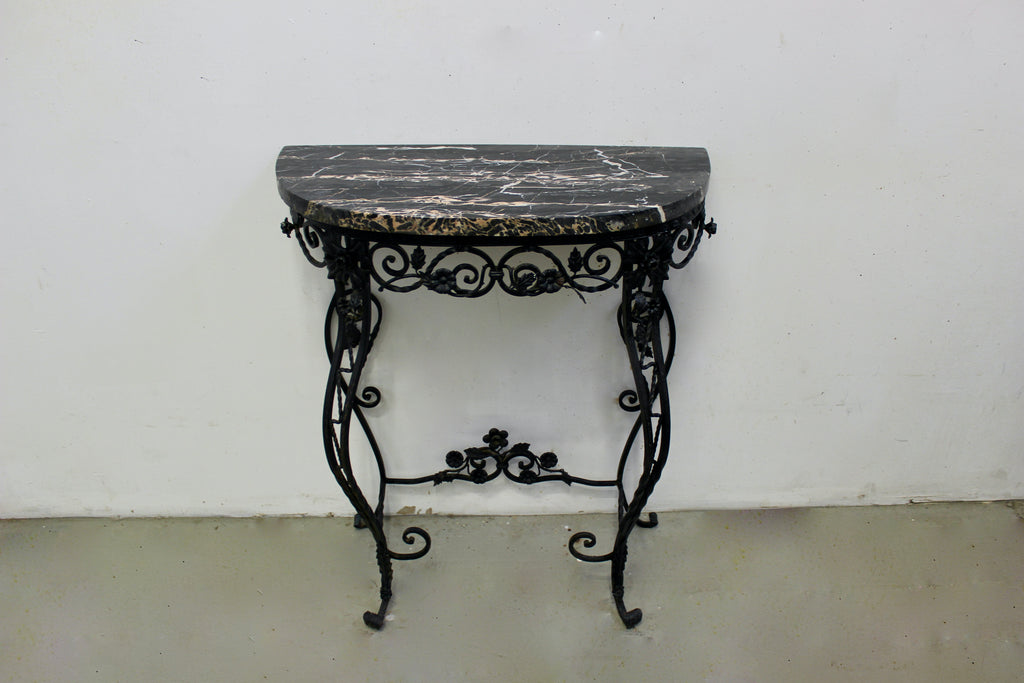 Italian Marble Top Wrought Iron Demilune Table