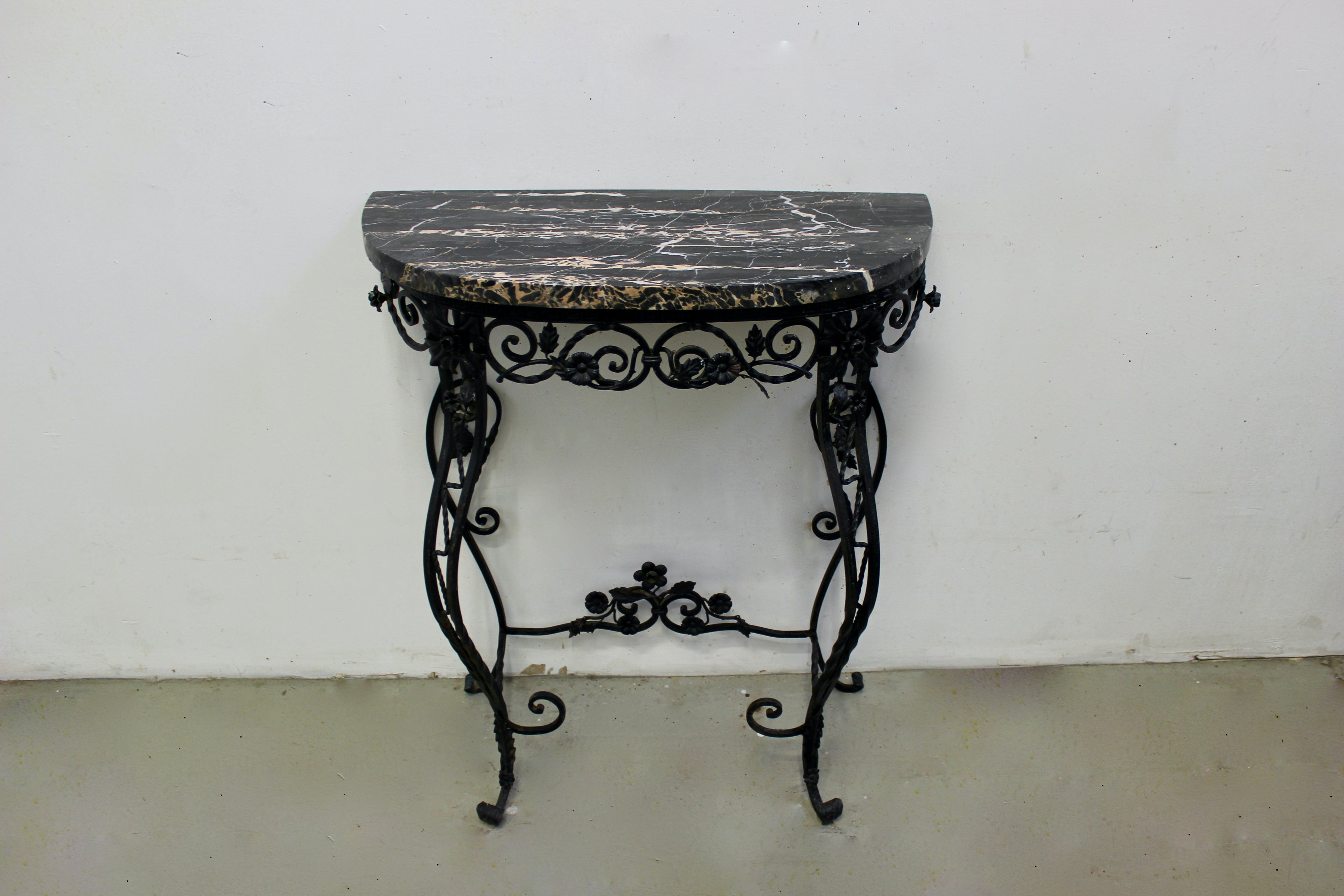Italian Marble Top Wrought Iron Demilune Table