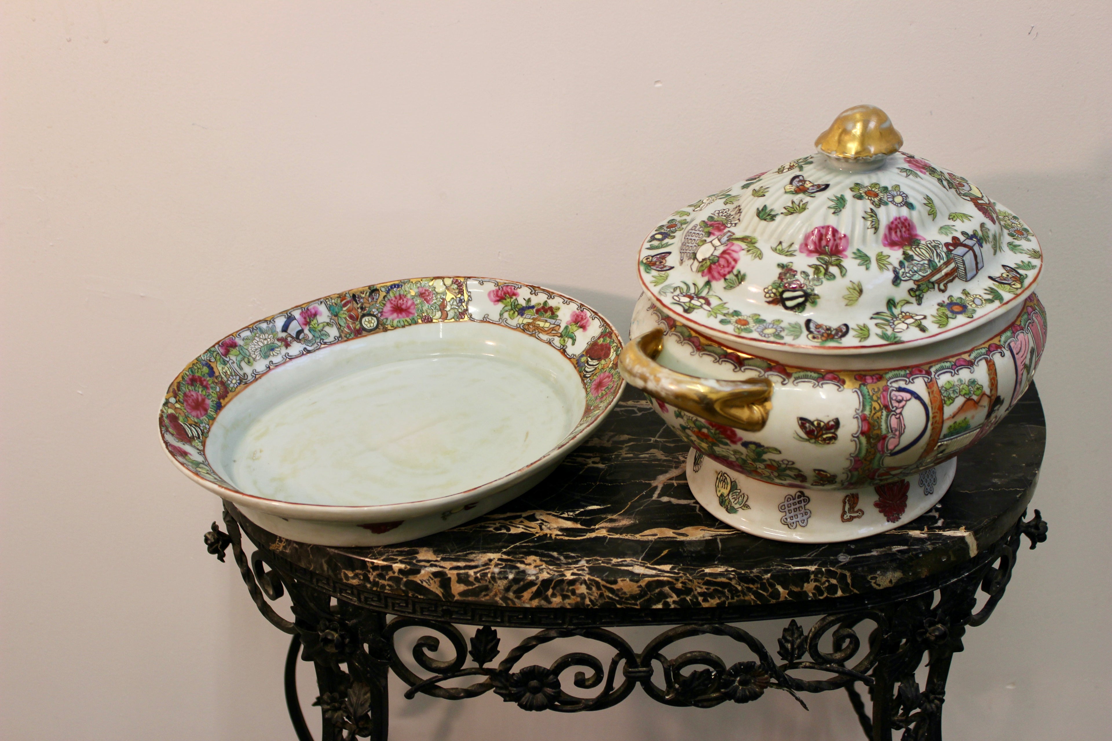 Antique Chinese Export Famille Rose Covered Tureen with Stand