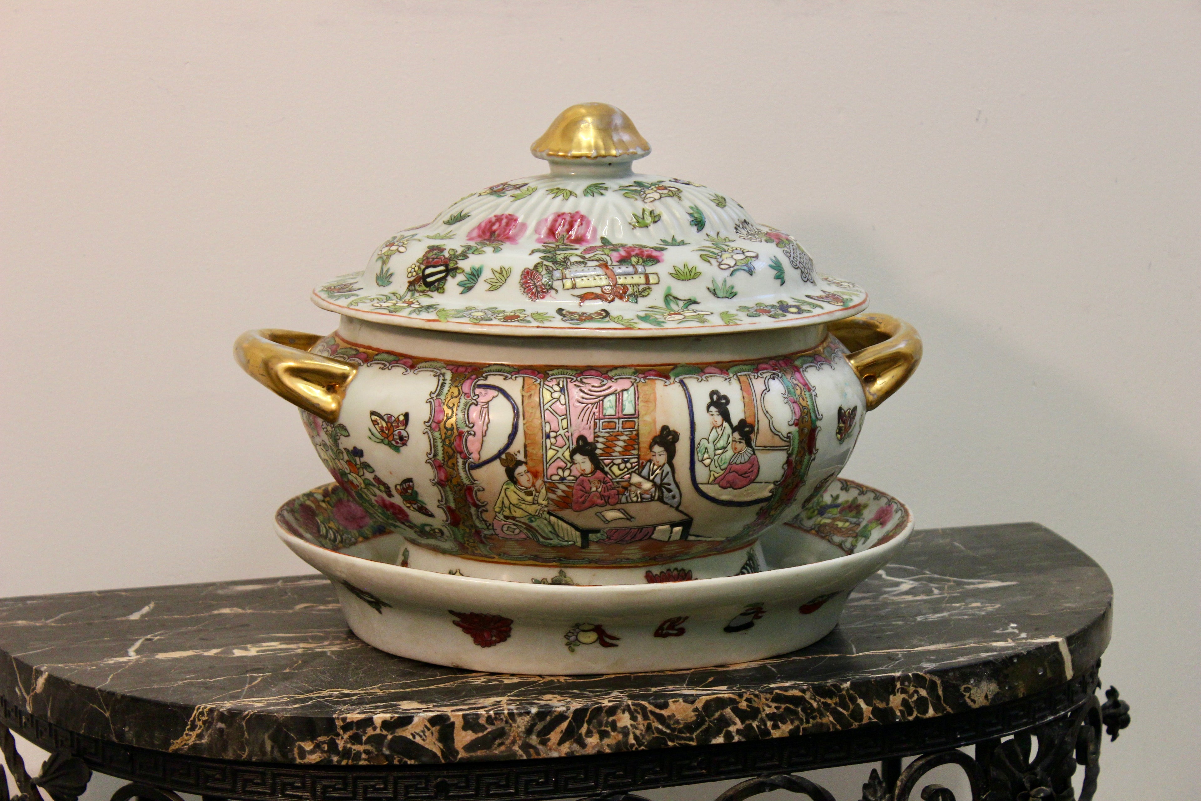 Antique Chinese Export Famille Rose Covered Tureen with Stand
