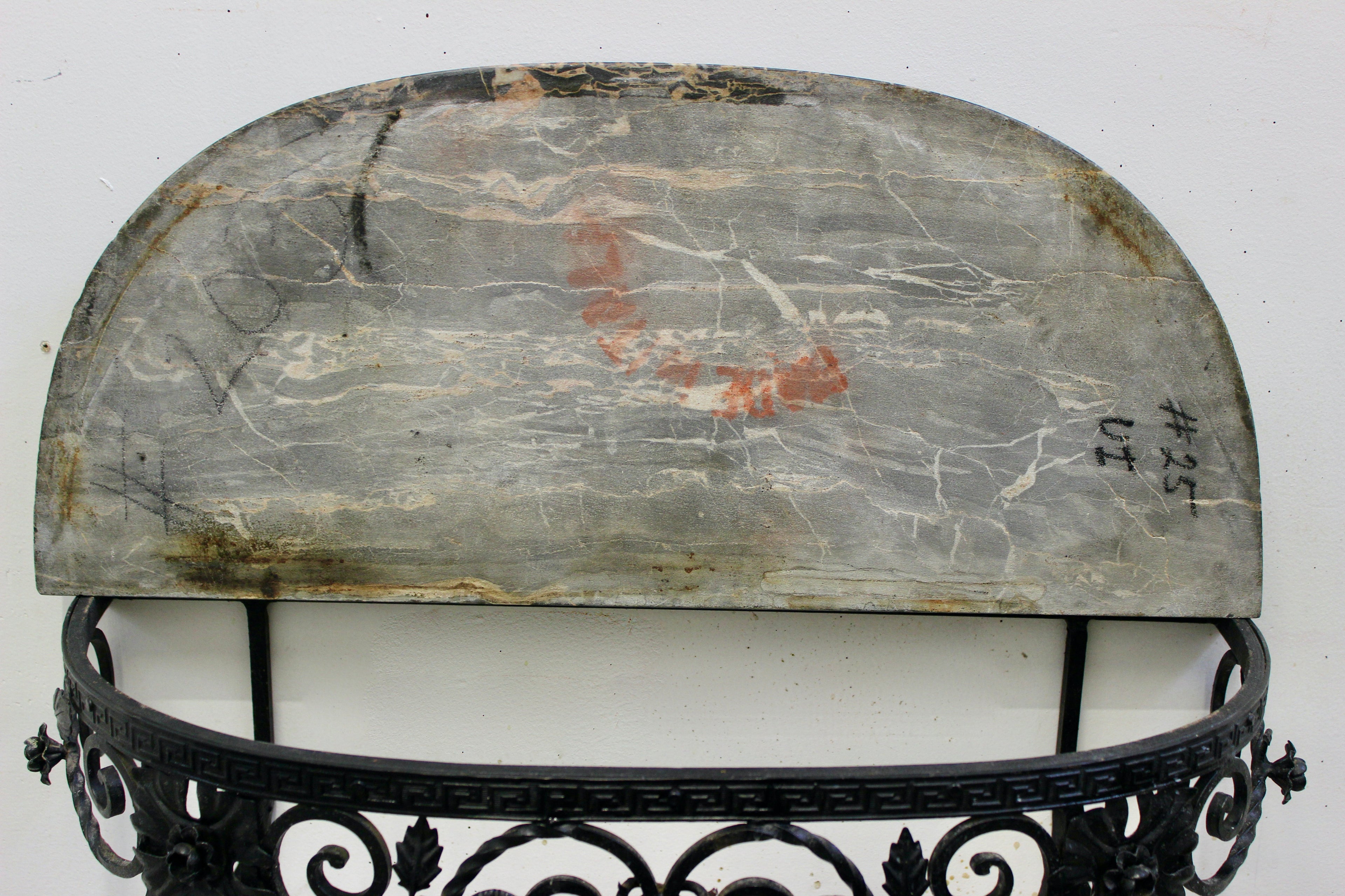 Italian Marble Top Wrought Iron Demilune Table