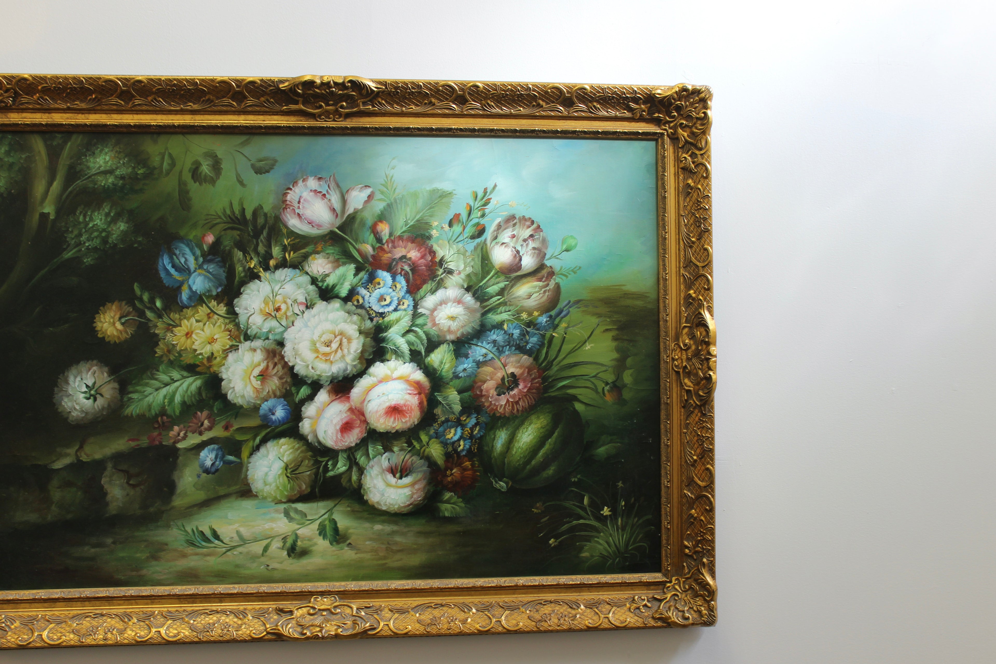 Large Vintage Floral Oil on Canvas