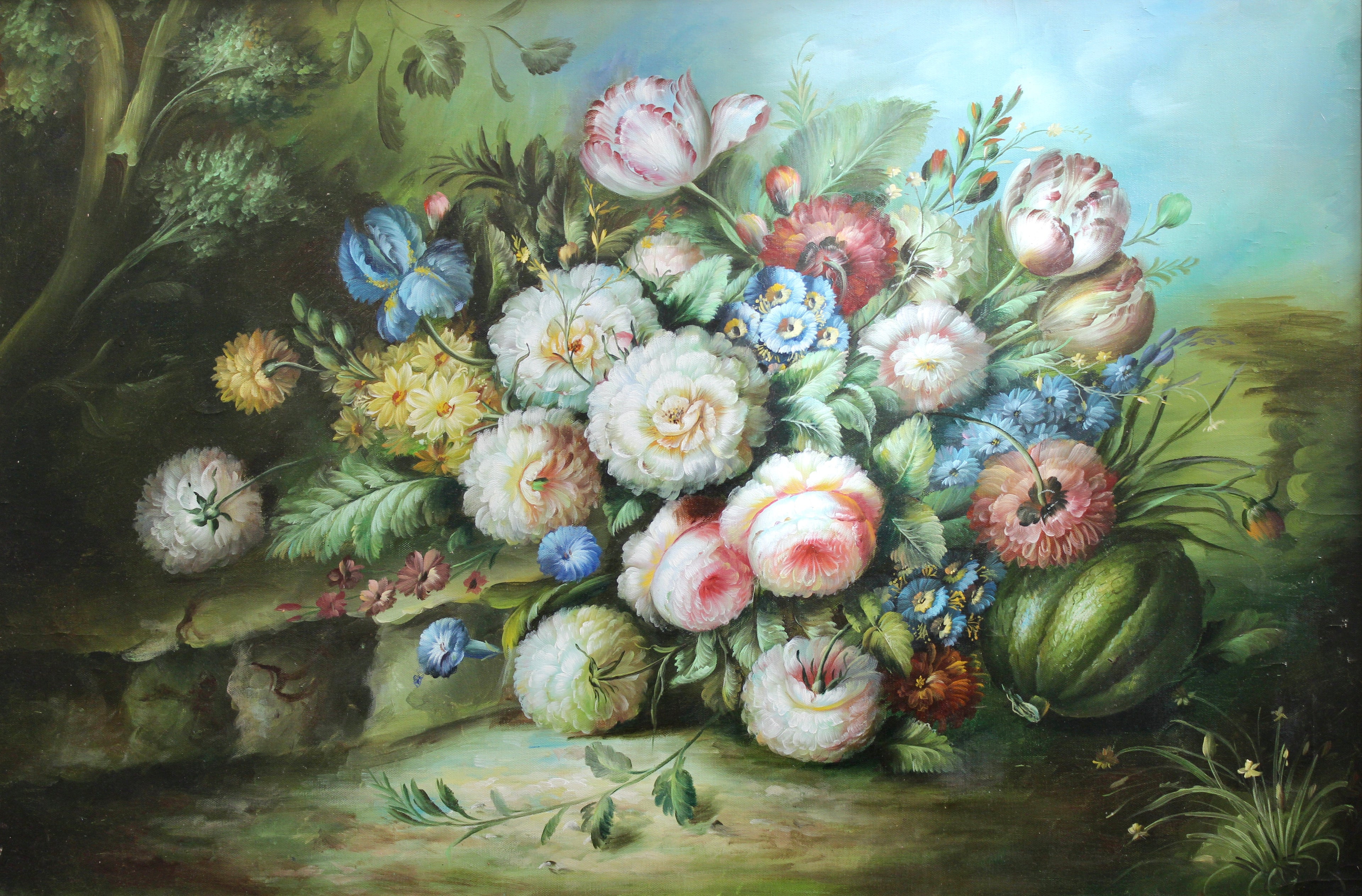 Large Vintage Floral Oil on Canvas