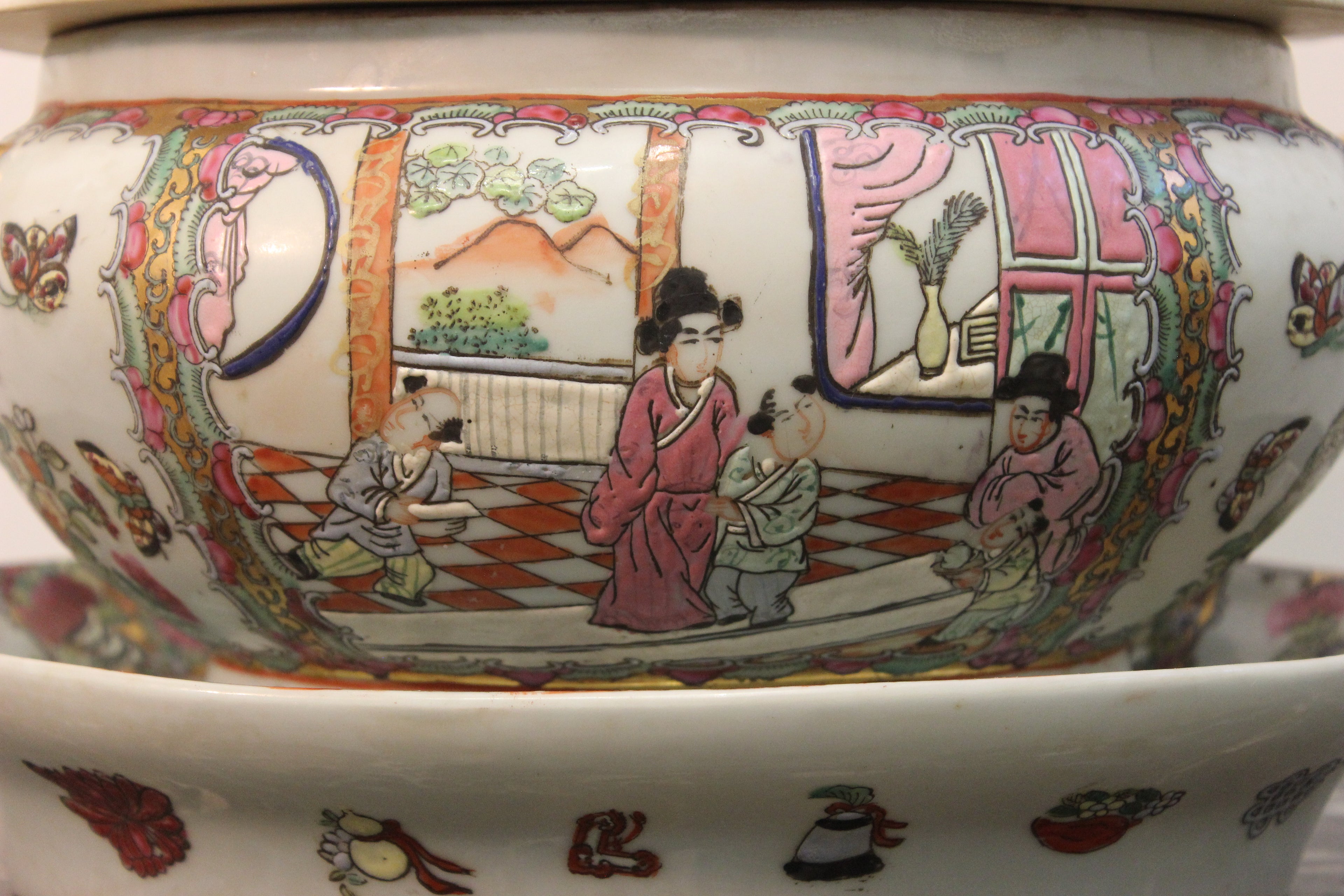 Antique Chinese Export Famille Rose Covered Tureen with Stand