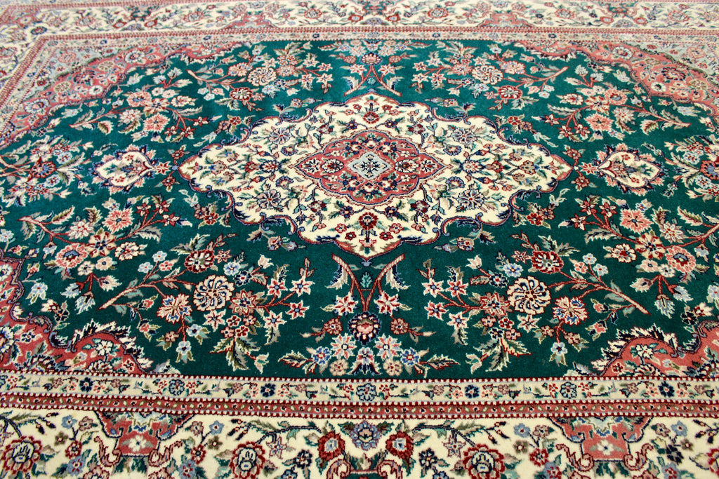 Handwoven Green Silk Blend Tabriz Medallion Rug