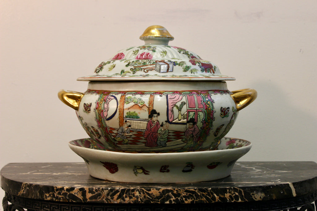 Antique Chinese Export Famille Rose Covered Tureen with Stand