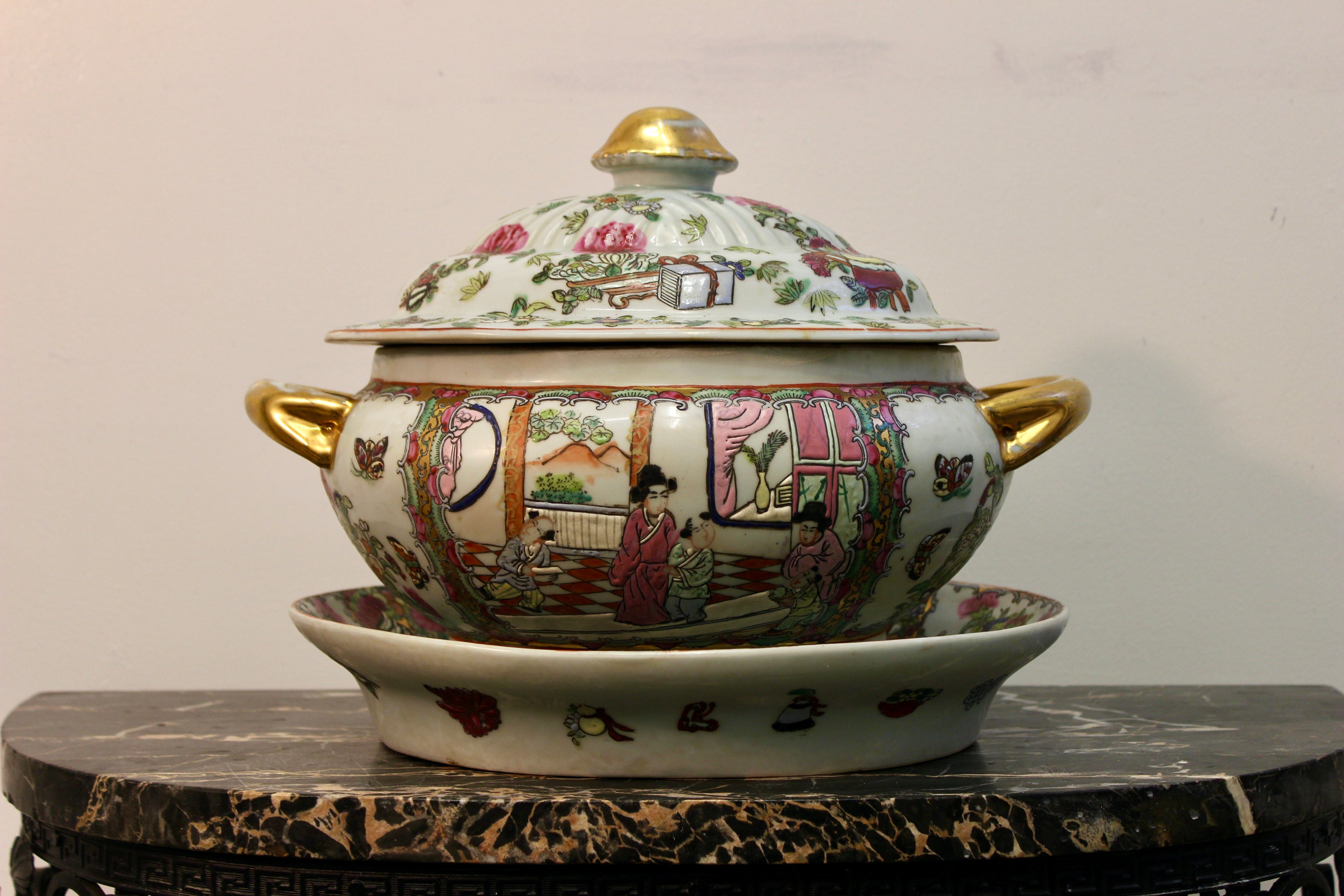 Antique Chinese Export Famille Rose Covered Tureen with Stand