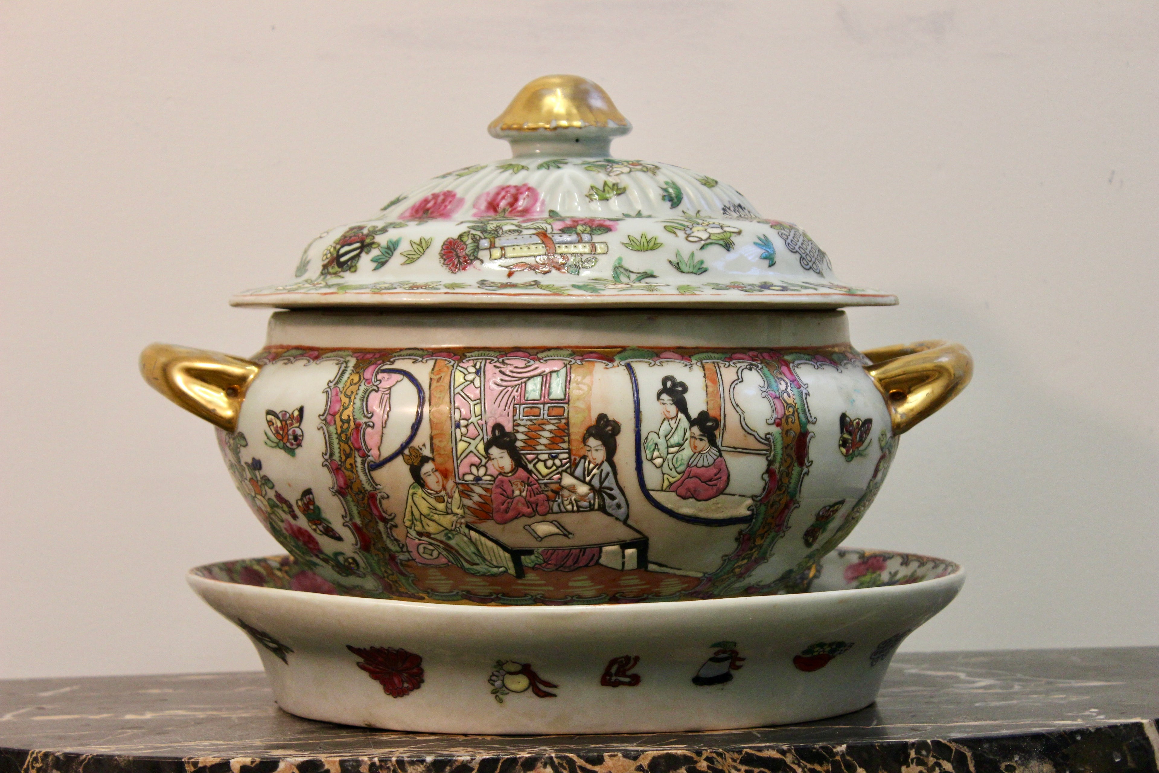 Antique Chinese Export Famille Rose Covered Tureen with Stand