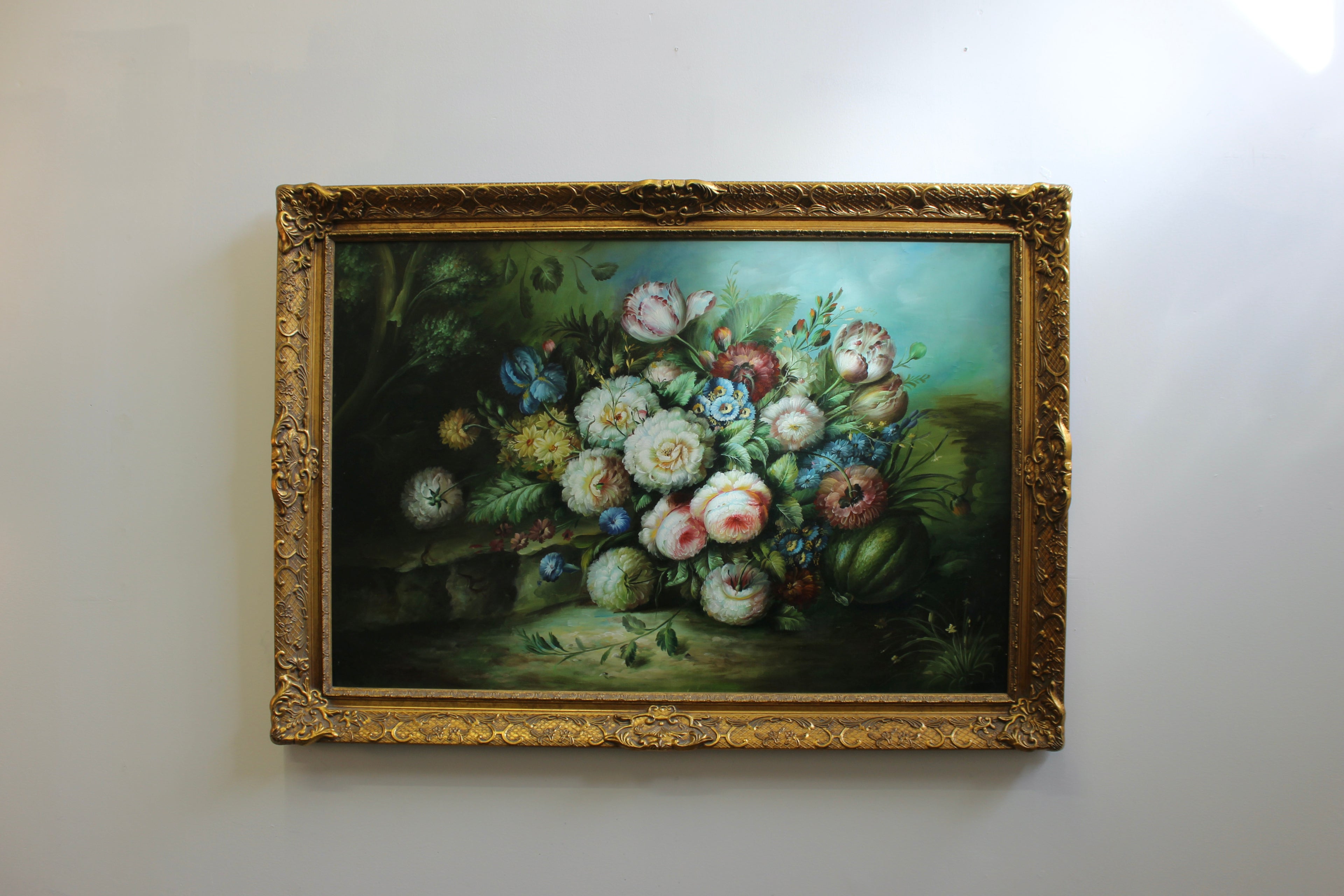 Large Vintage Floral Oil on Canvas
