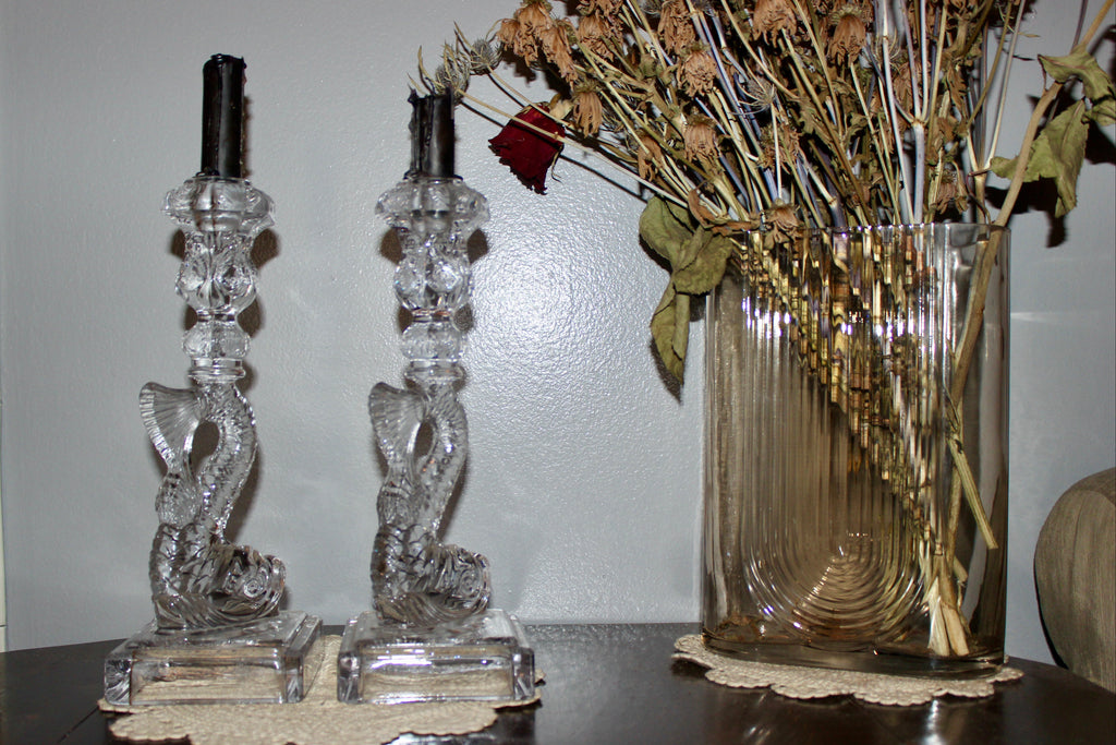 Met Museum 1970s Pressed Glass Dolphin-Form Candlestick