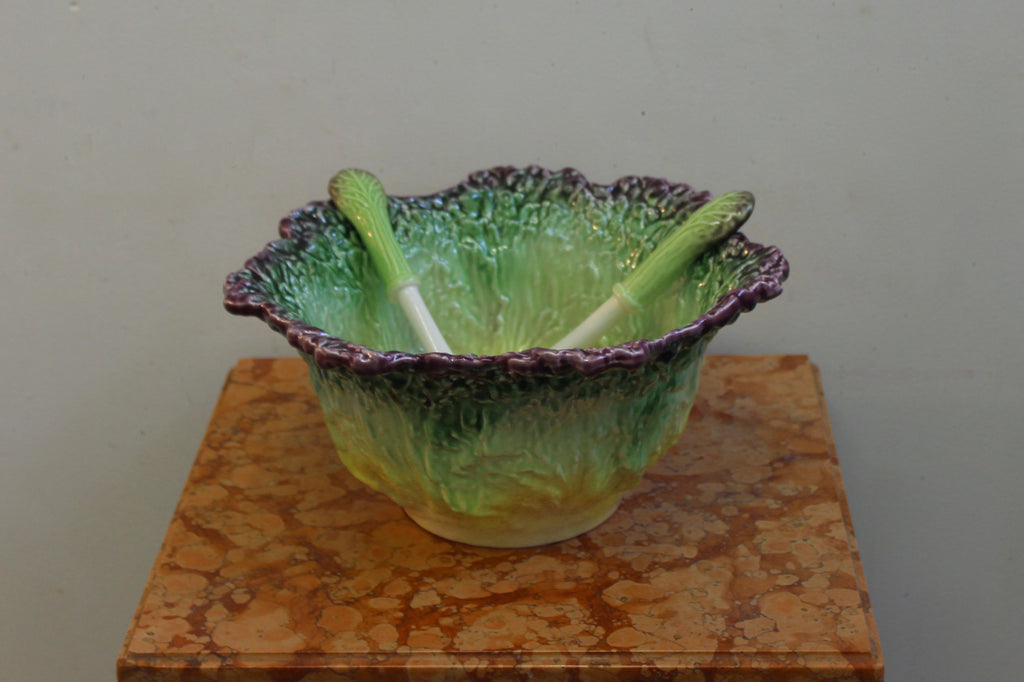 Vintage Portuguese Cabbageware Bowl with Serving Spoon and Fork