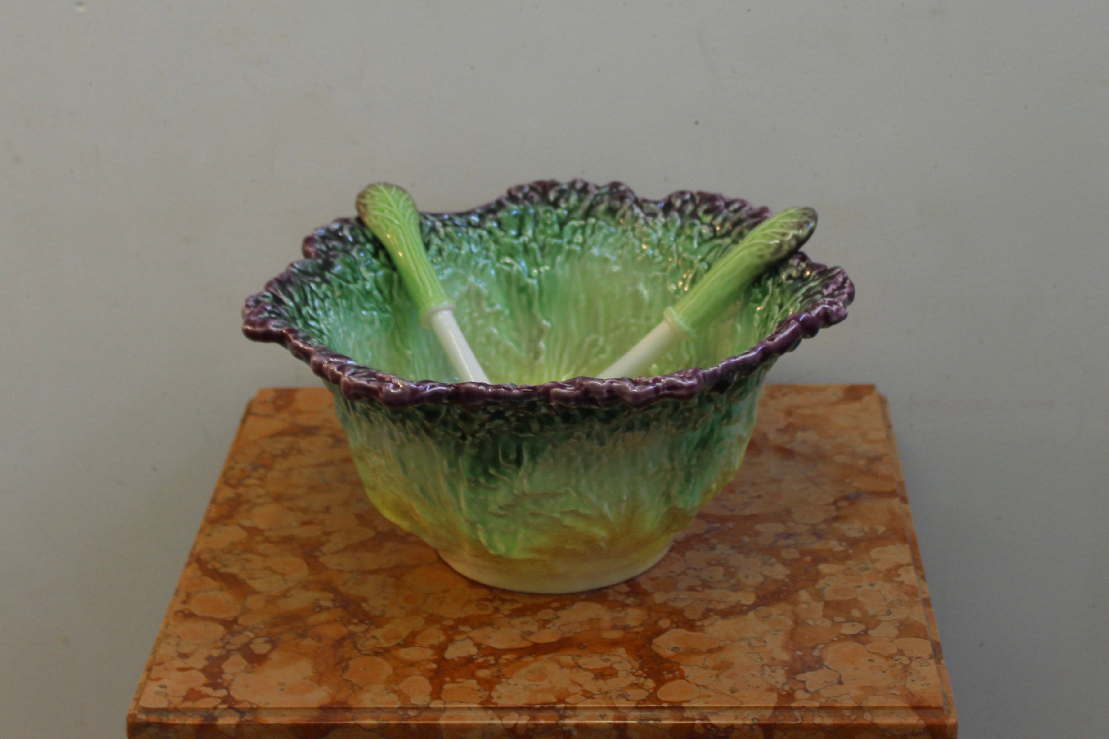 Vintage Portuguese Cabbageware Bowl with Serving Spoon and Fork