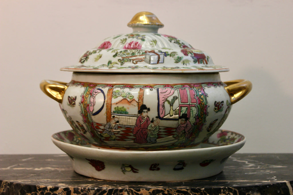 Antique Chinese Export Famille Rose Covered Tureen with Stand