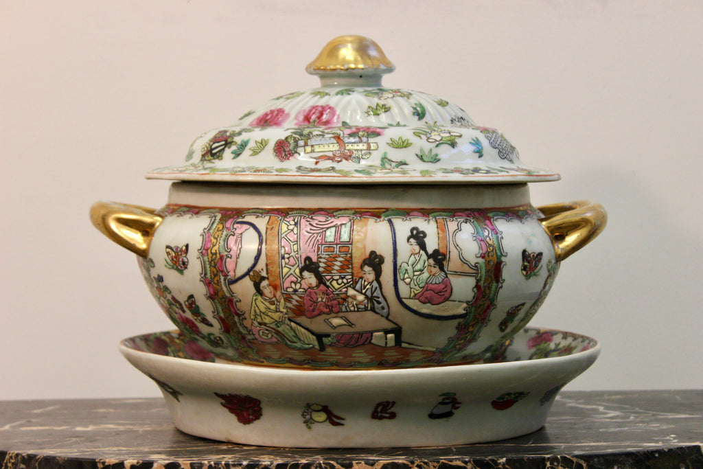 Antique Chinese Export Famille Rose Covered Tureen with Stand