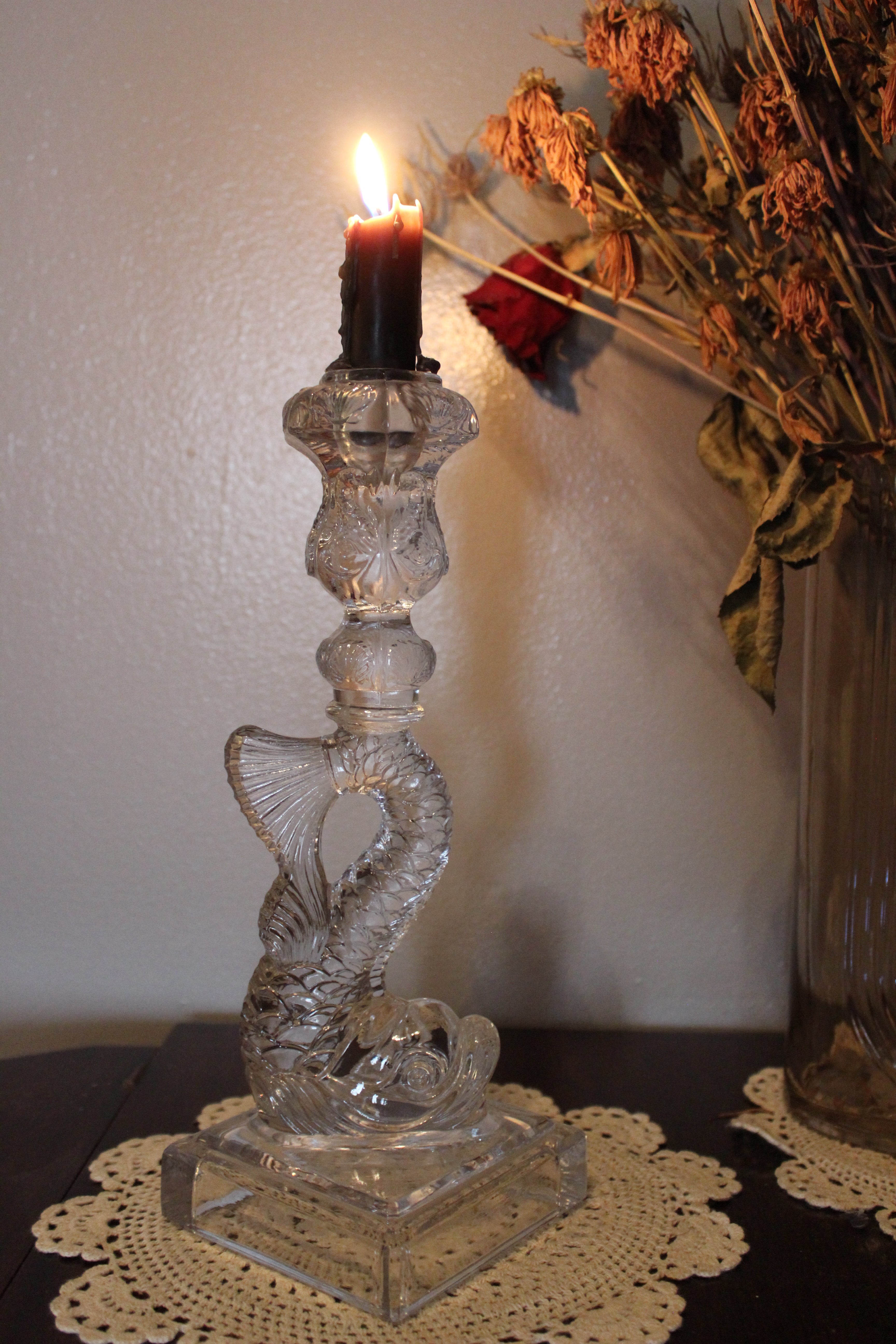 Met Museum 1970s Pressed Glass Dolphin-Form Candlestick