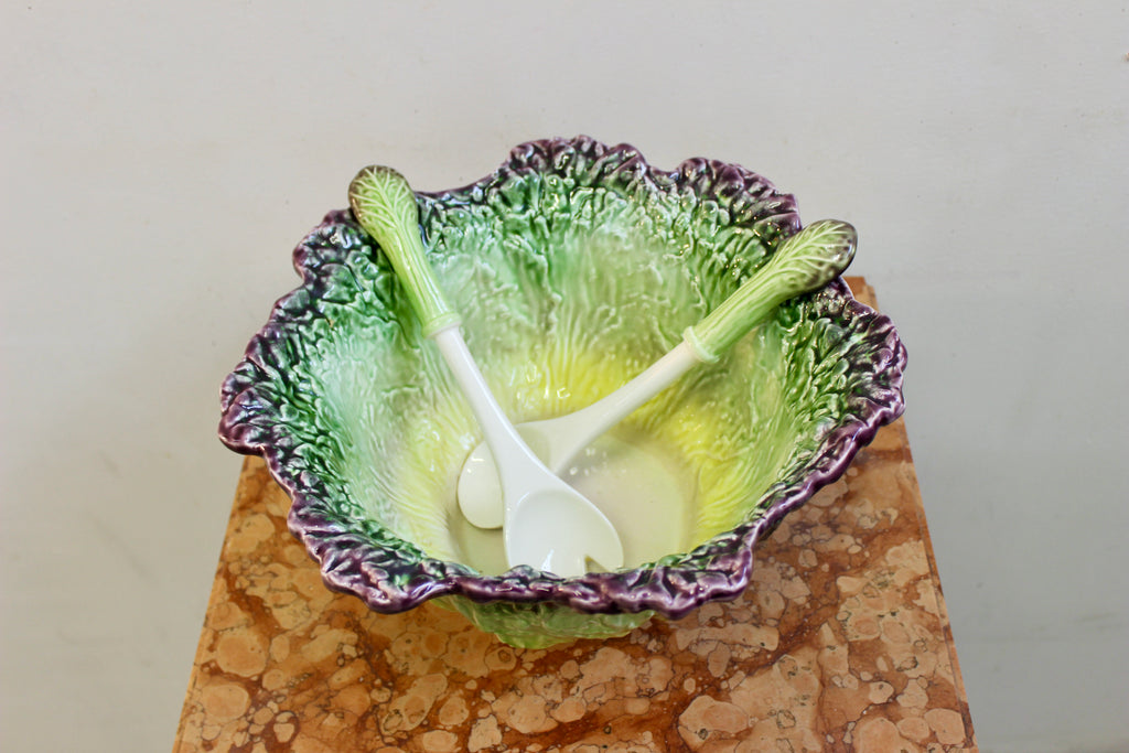 Vintage Portuguese Cabbageware Bowl with Serving Spoon and Fork