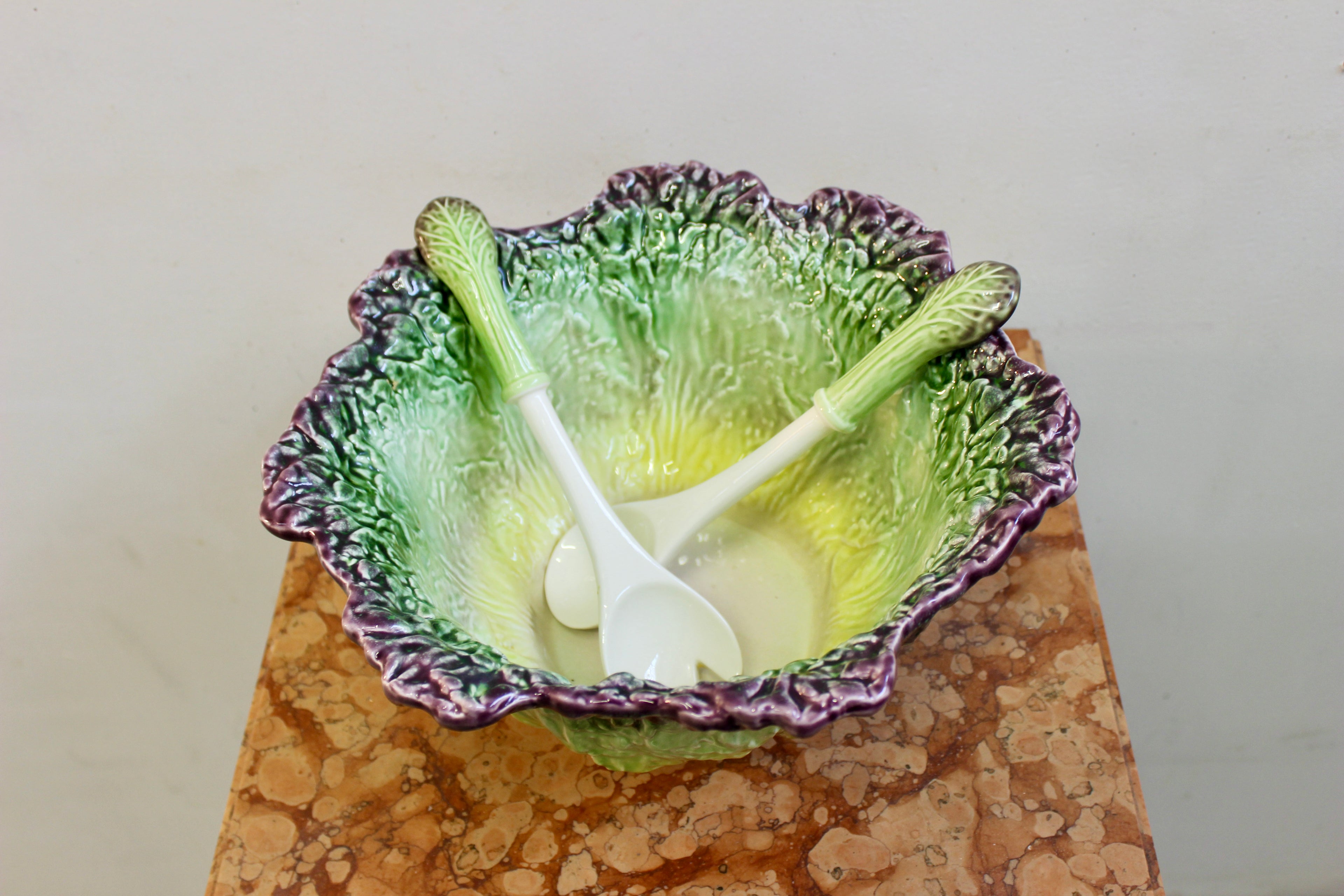 Vintage Portuguese Cabbageware Bowl with Serving Spoon and Fork