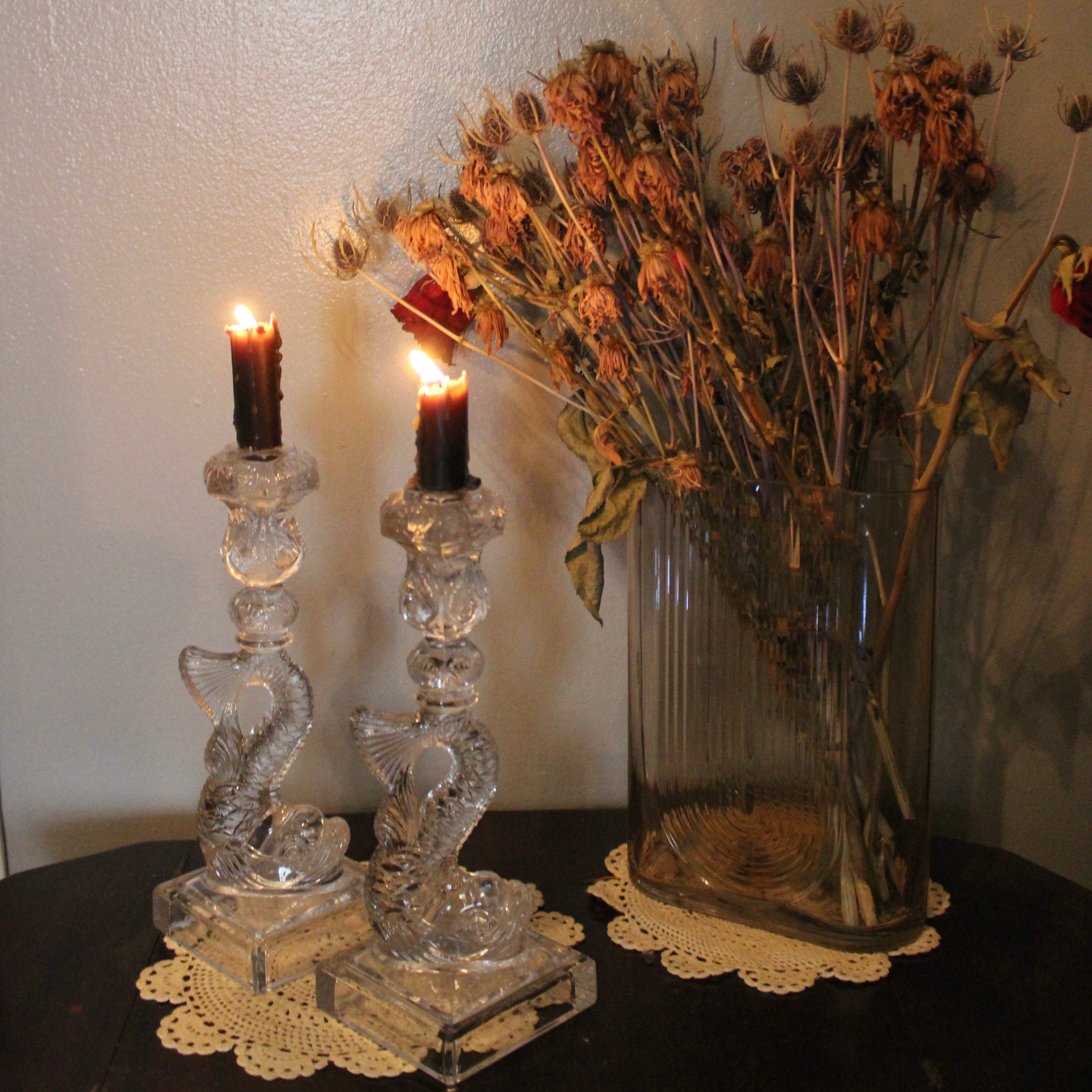 Met Museum 1970s Pressed Glass Dolphin-Form Candlestick